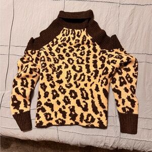 Brown and gold cheetah print open shoulder sweater